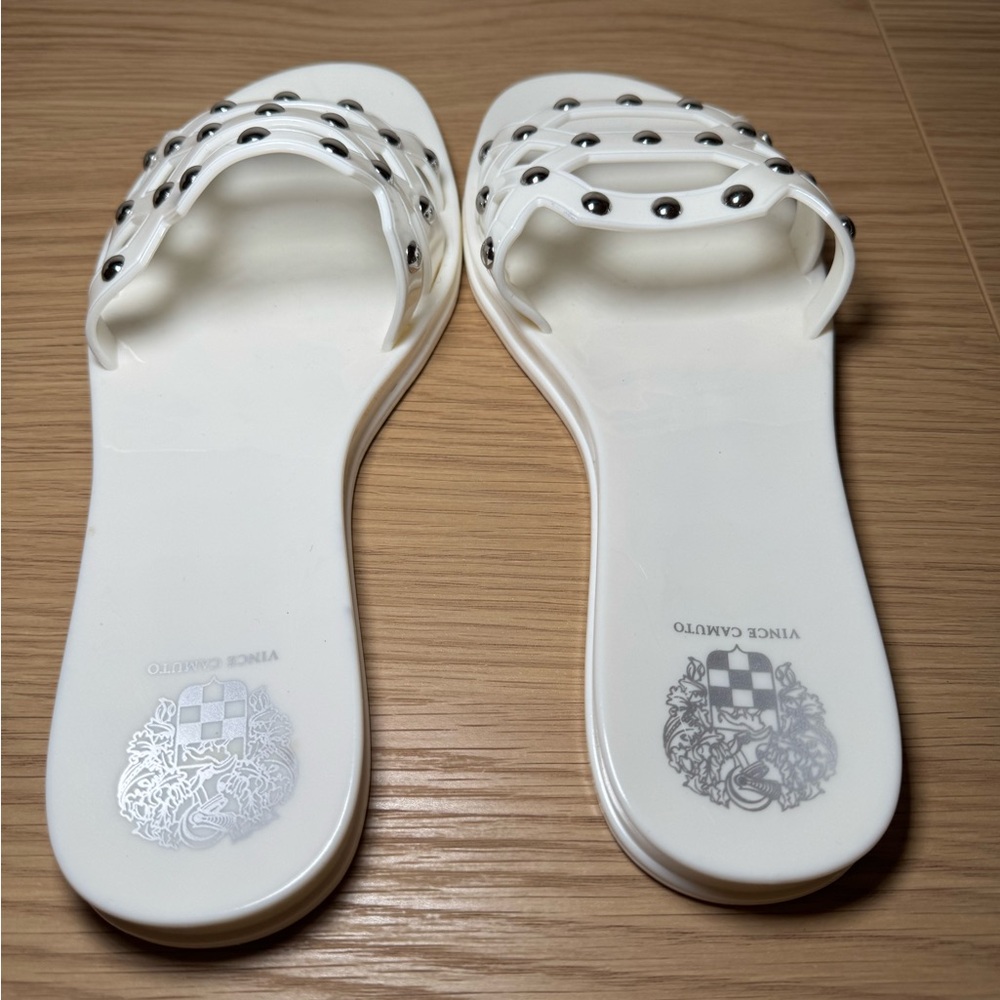 Vince Camuto White Slide Sandals with Polka Dot Straps - Picture 5 of 8